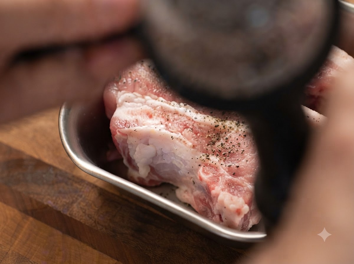 Schwarzer Pfeffer wird über rohe Schweinebauchstreifen gemahlen, die säuberlich auf einem Metalltablett angeordnet sind.