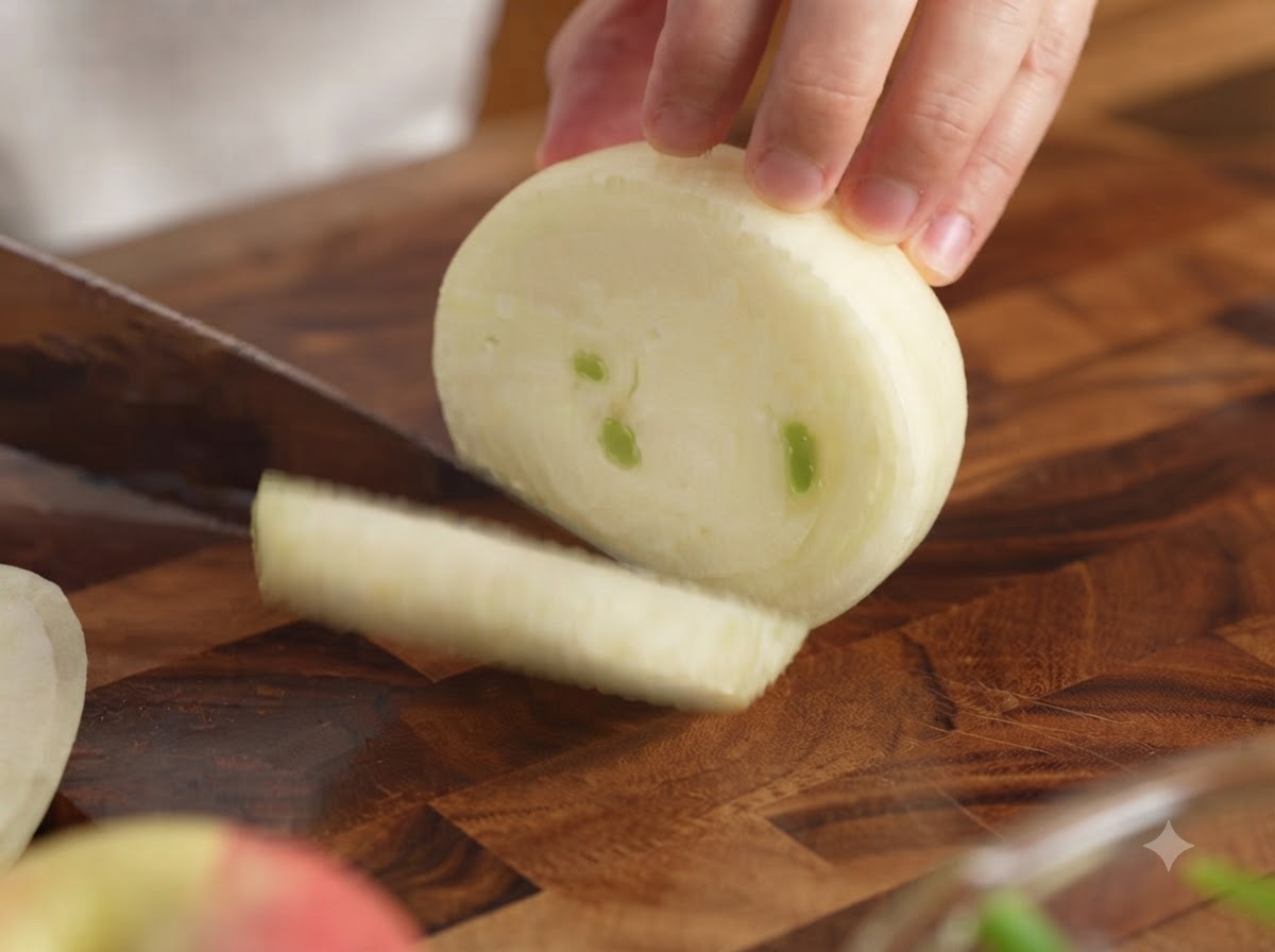 Ein Kochmesser schneidet eine ganze weiße Zwiebel in dicke, gleichmäßige Runden auf einem Holzbrett.
