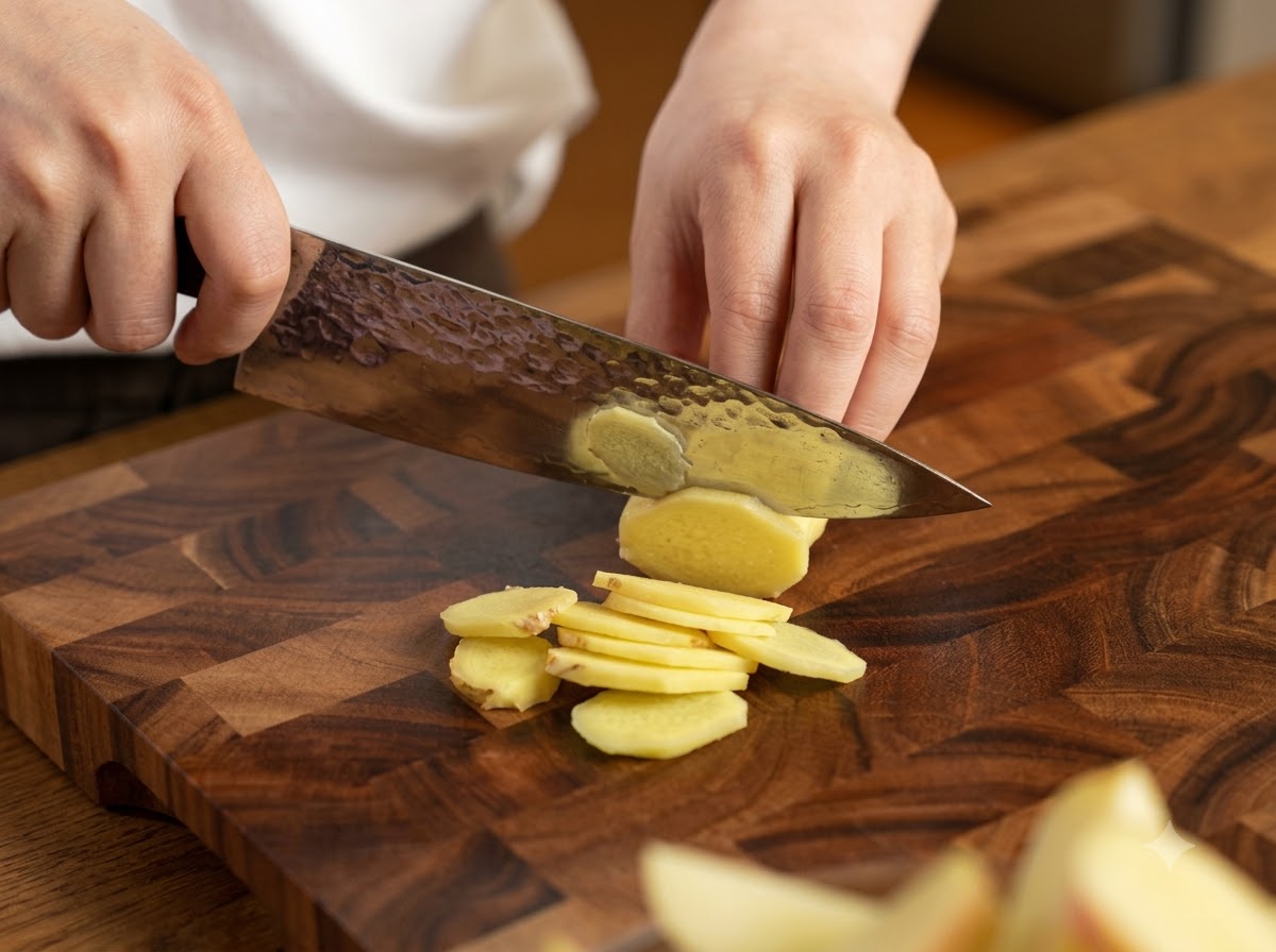 Eine Hand hält ein Messer, um frische Ingwerwurzel in dünne Runden auf einem Holzschneidebrett zu schneiden.