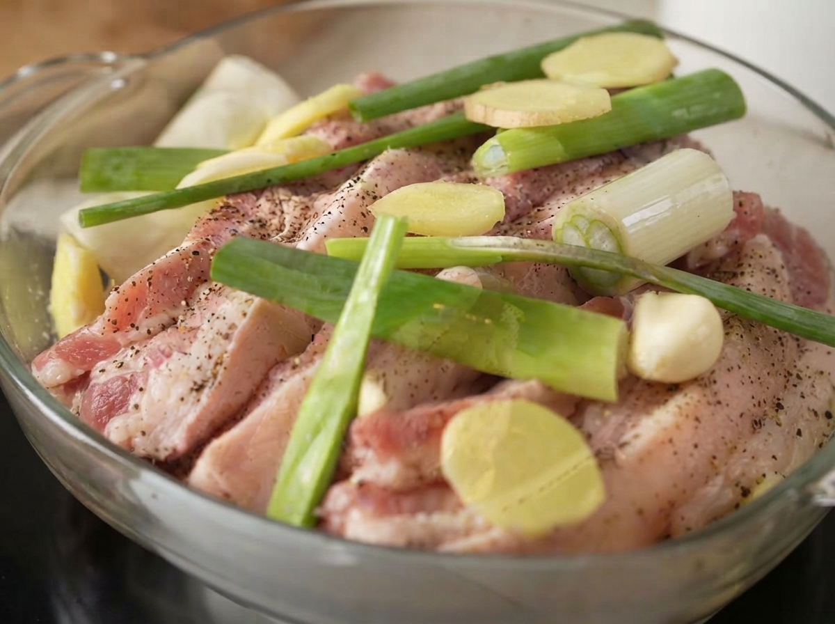 Nahaufnahme von rohen Schweinebauchstreifen, getoppt mit Frühlingszwiebelabschnitten, Ingwerscheiben und geschälten Knoblauchzehen.