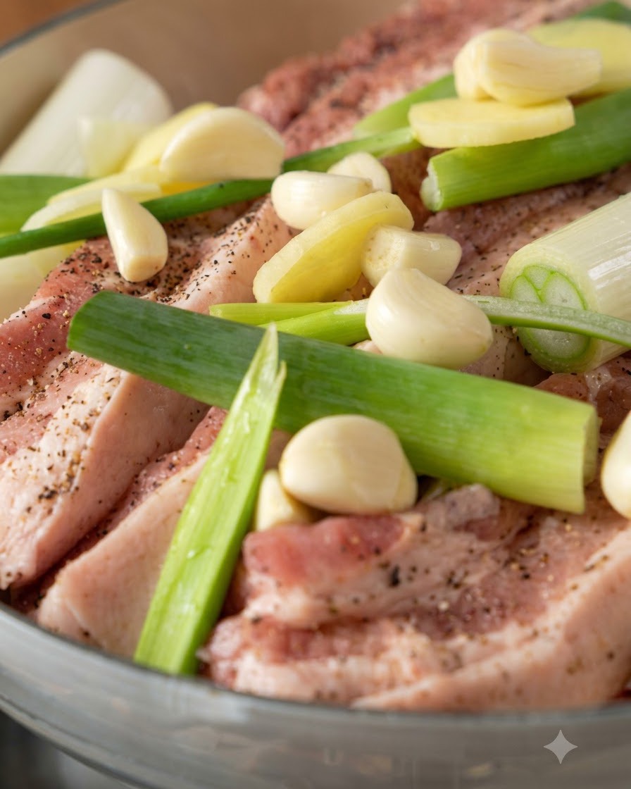Eine Hand hält eine Flasche und träufelt Reiswein über den geschichteten Schweinebauch und die Aromaten im Topf.