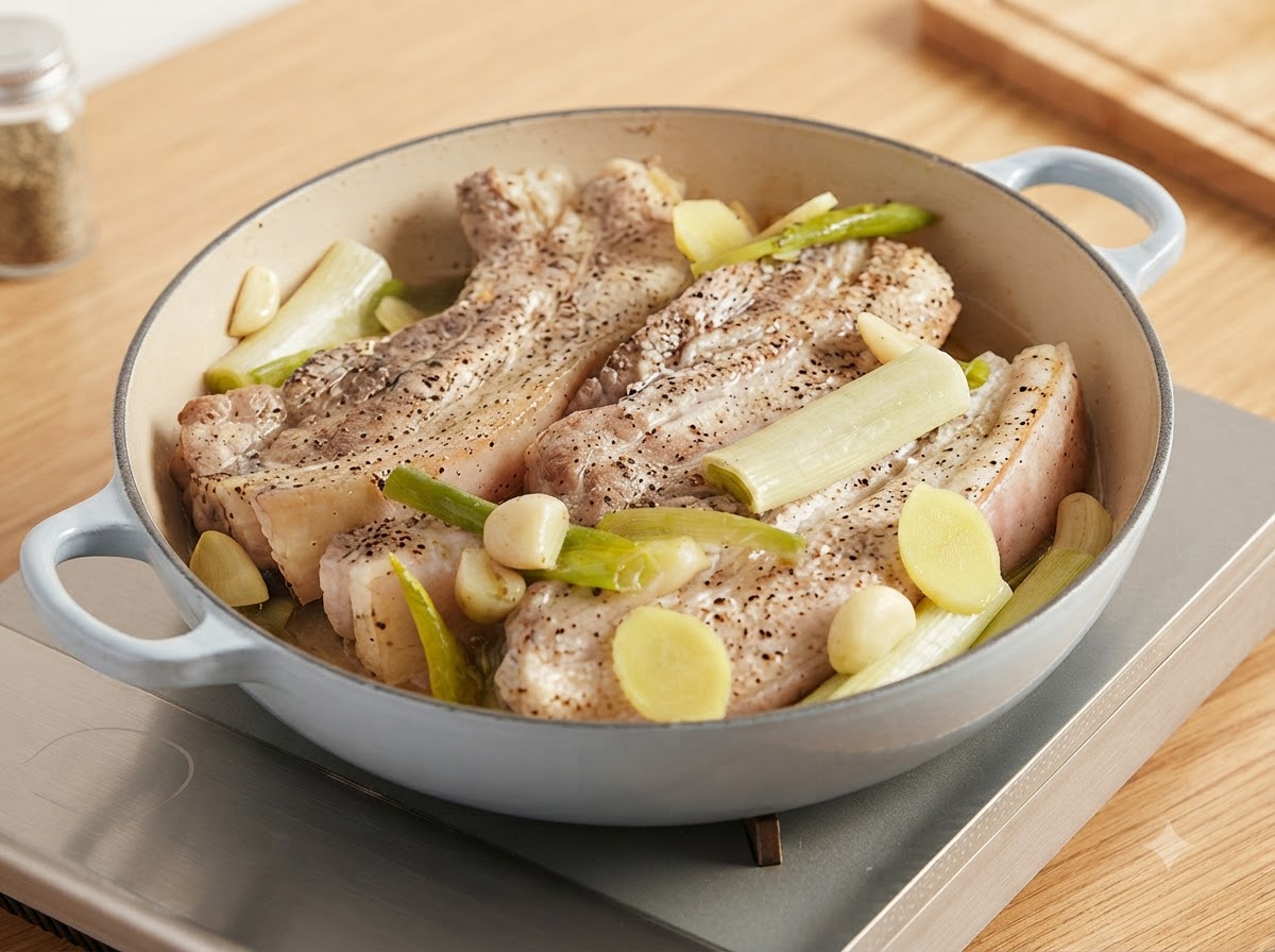 Zange wendet teilweise gekochte Schweinebauchscheiben in einem mit sprudelndem Gemüsesaft gefüllten Topf.