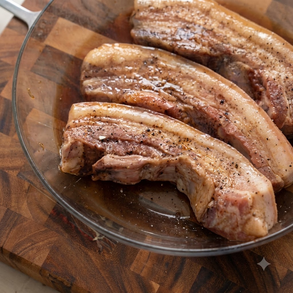 Mit schwarzem Pfeffer gewürzte Schweinebauchstreifen in einer klaren Glasschüssel.