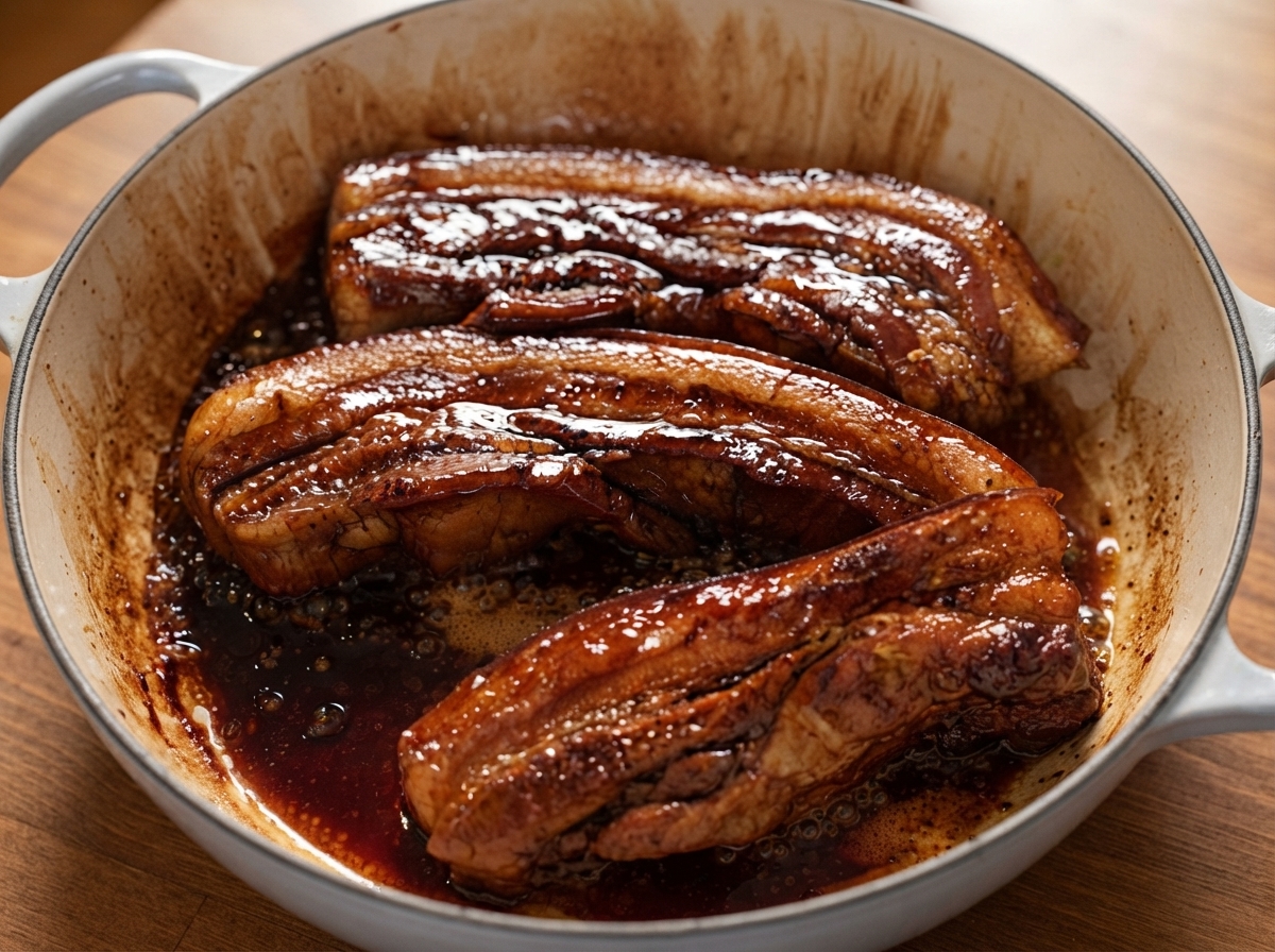 Schweinebauchstreifen werden in einer reduzierenden dunklen Glasur in einem Topf gewendet.