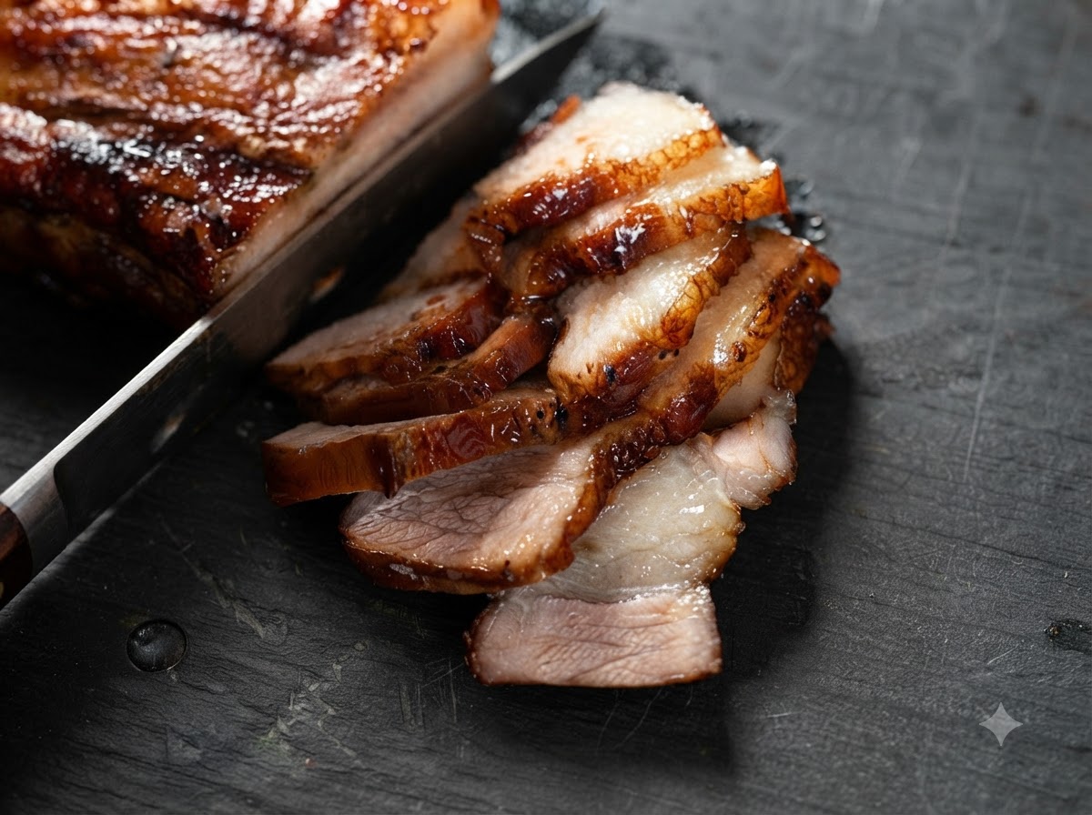 Gekochter Schweinebauch wird auf einem Schneidebrett mit einem Messer in dünne Streifen geschnitten.