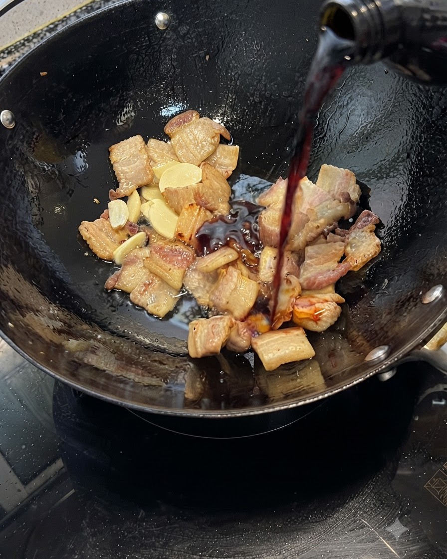Sojasauce wird aus einer Flasche über Schweinebauch und Knoblauch in einen Wok gegossen.