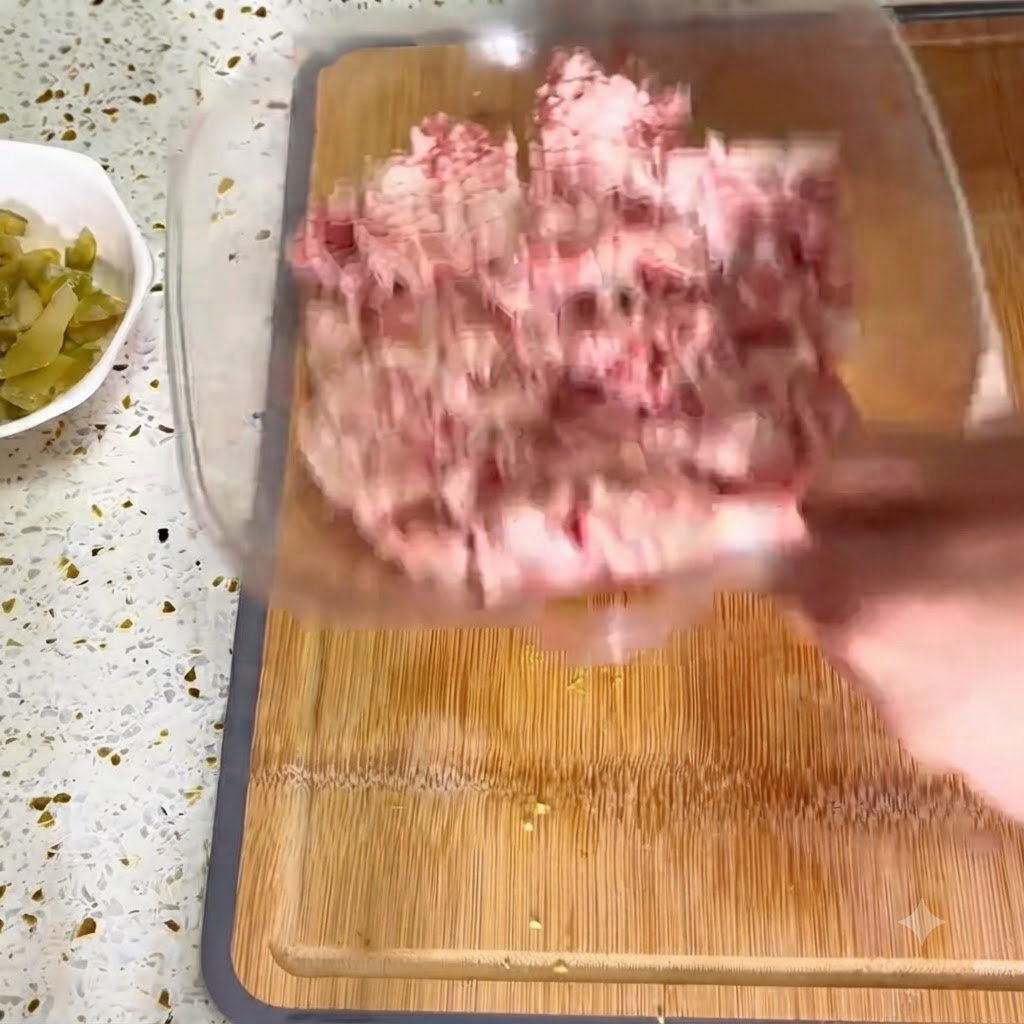 Fein gehackter Ingwer wird in eine transparente Glas schüssel gefüllt mit Hackfleisch auf einem Holzschneidebrett gegeben.