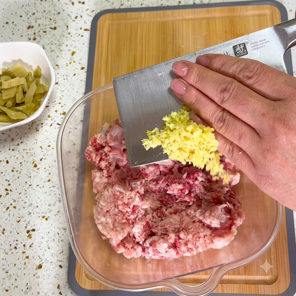 Frische Frühlingszwiebeln werden auf einem Küchentablett in kleine Stücke geschnitten.