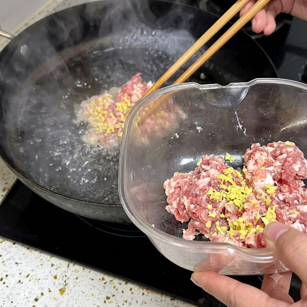 Hackfleisch mit Ingwer wird mit Essstäbchen in kochendes Wasser in einem schwarzen Wok gegeben.
