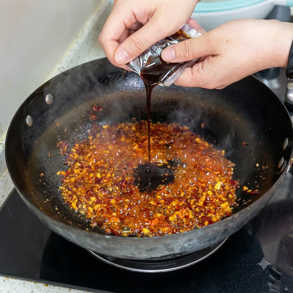 Süße Bohnensauce wird aus einer Packung in eine brutzelnde Chili-Öl-Mischung in einem schwarzen Wok gegossen.