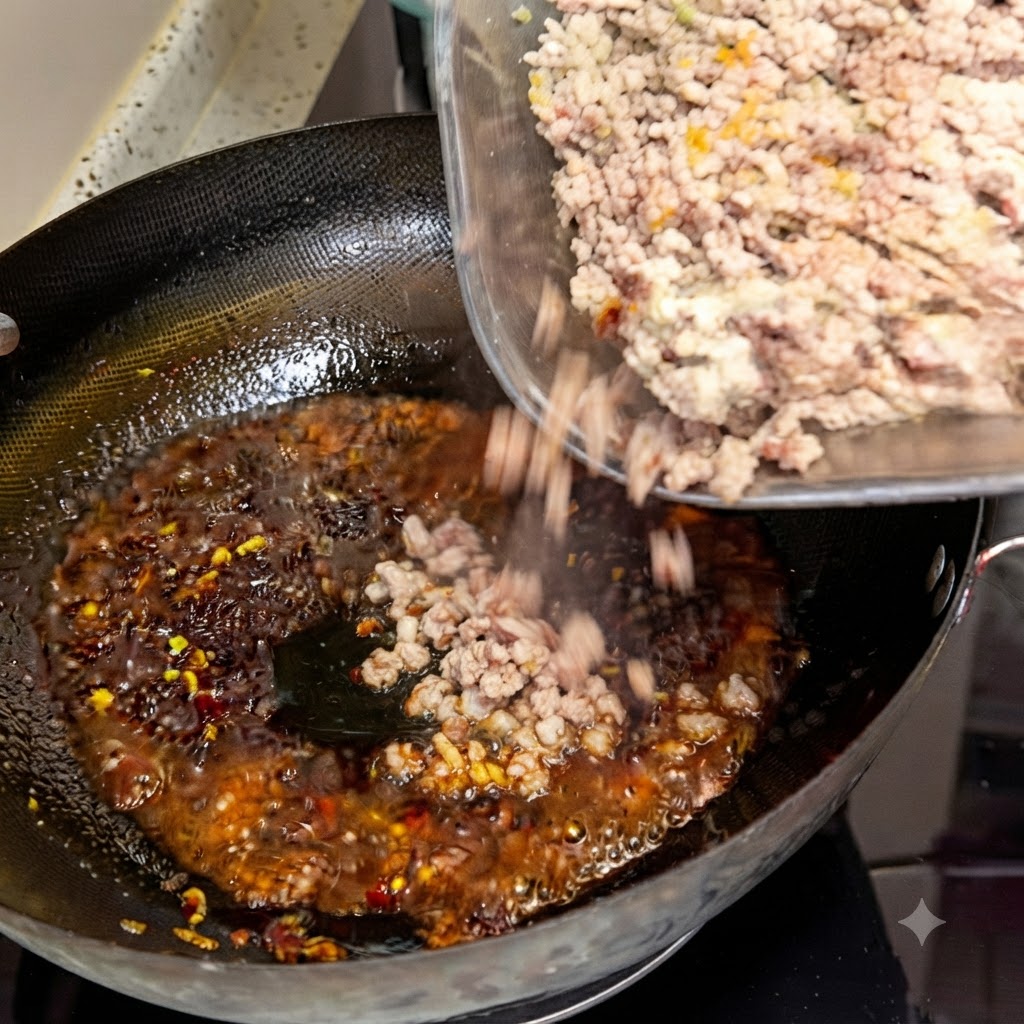 Blanchiertes Hackfleisch wird aus einer Glasschüssel in einen mit rot gewürztem Öl gefüllten Wok geschüttet.