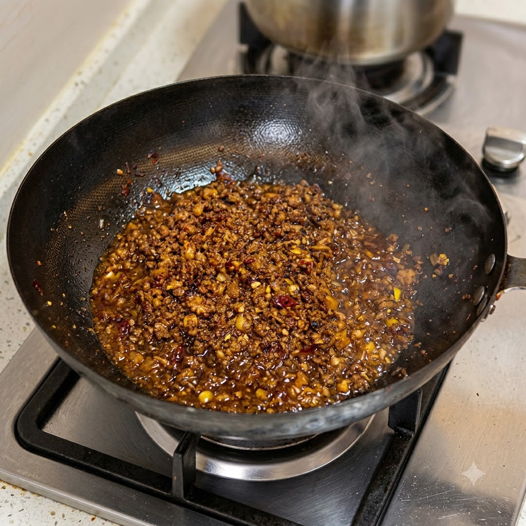 Hackfleisch brät in einem Wok an, wobei sichtbarer Dampf von der heißen Oberfläche aufsteigt.