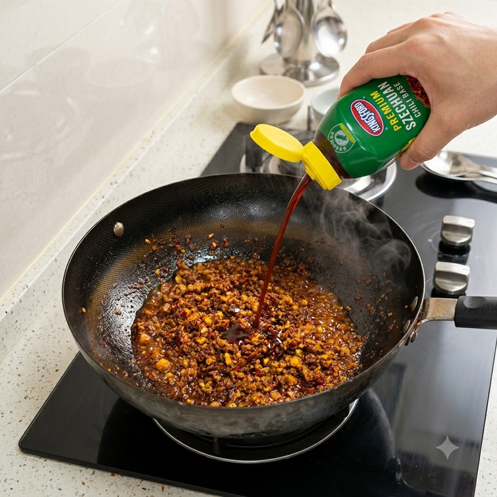 Dunkle Sojasauce wird aus einer grünen Quetschflasche in einen Wok mit anbratender Fleischsauce gegossen.