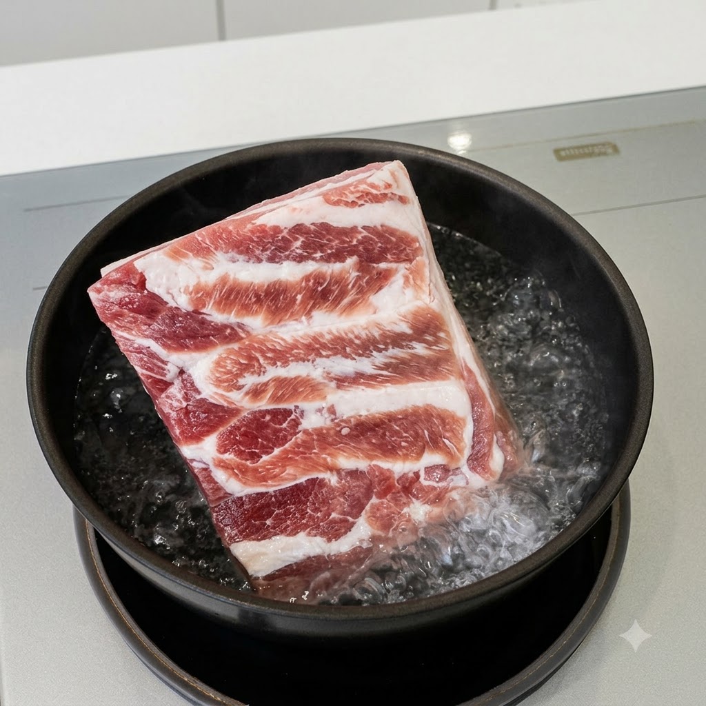 Ein rohes Stück Schweinebauch kocht in einem flachen Topf mit kochendem Wasser.