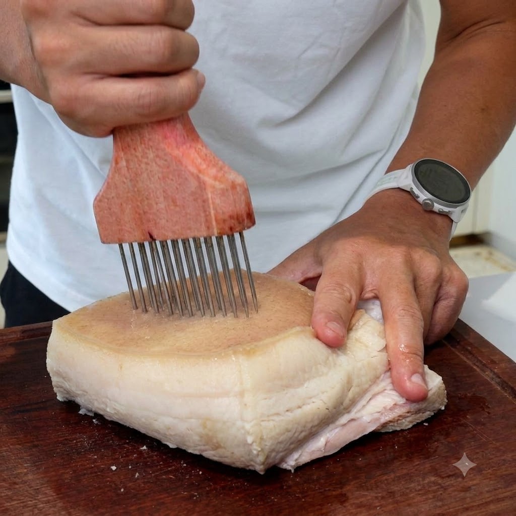 Hände halten ein Fleischstechwerkzeug über einen umgedrehten Schweinebauchblock auf einer Holzoberfläche.