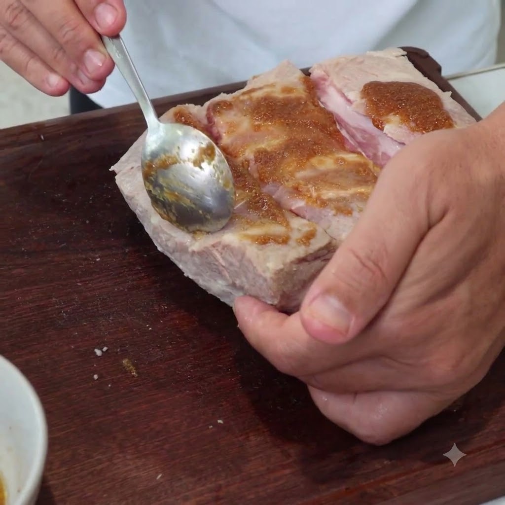 Ein Löffel verteilt braune Würzpaste auf der eingeschnittenen Oberfläche eines Schweinebauchstücks.