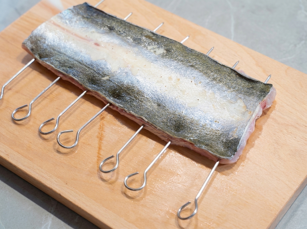 Eine Küchenschere schneidet die Flossen an der Seite eines vorbereiteten Aalfilets auf einem Holzschneidebrett ab.