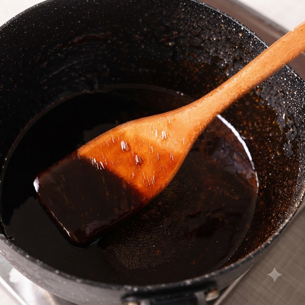 Ein Holzspatel rührt eine dicke, dunkle, glänzende Sauce in einem schwarz gesprenkelten Topf um.