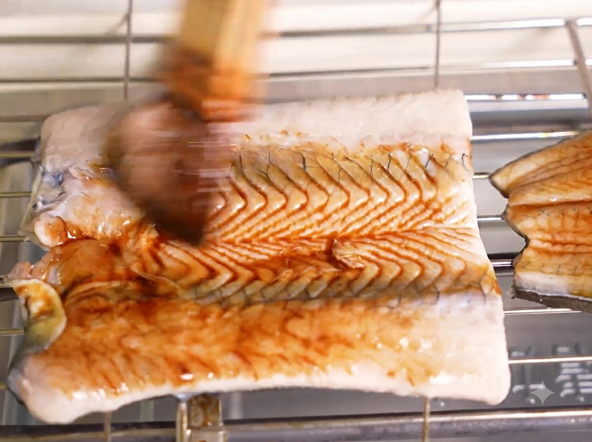 Ein Pinsel trägt eine dunkle, glänzende Glasur auf ein Stück grillenden Aal auf einem Metallgitter auf.