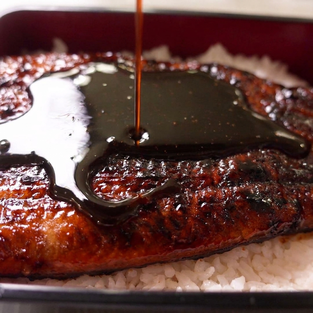 Dicke dunkle Sauce wird von oben auf gegrillten Aal gegossen, der über weißem Reis in einer Bento-Box serviert wird.