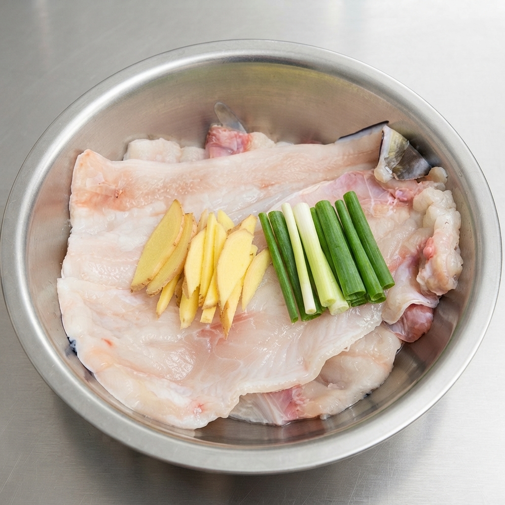 Eine Metallschüssel mit rohen Aalfilets, gekrönt von frisch geschnittenem Ingwer und grünen Frühlingszwiebelstücken.