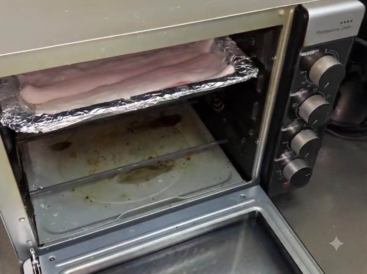 Das Backblech mit dem Aal wird in einen geöffneten Haushaltsbackofen geschoben.