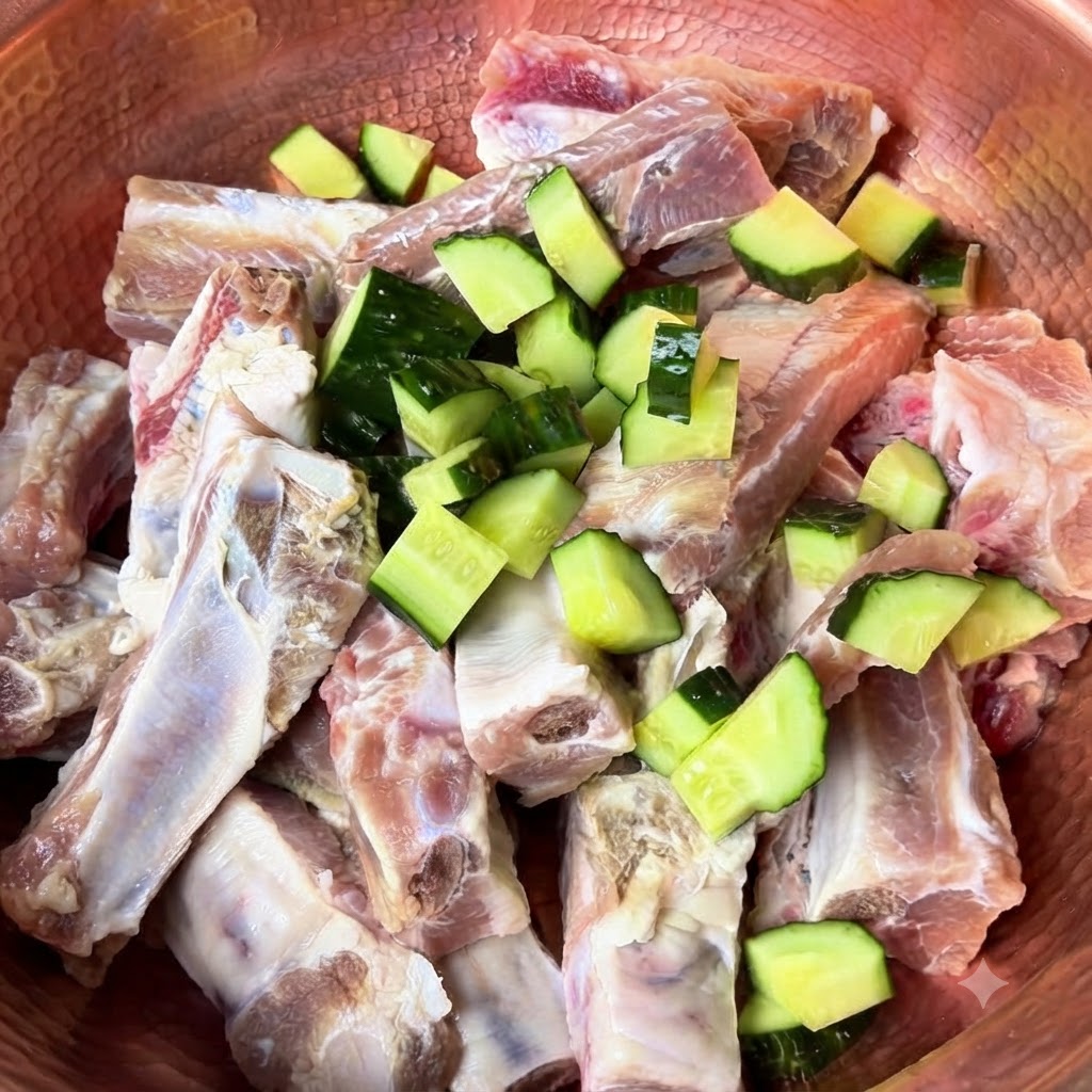 In Scheiben geschnittene Gurkenstücke, grüne Frühlingszwiebeln, Ingwer und rote Chiliflocken gleichmäßig auf Schweinerippchen in einer Kupferschüssel verteilt.
