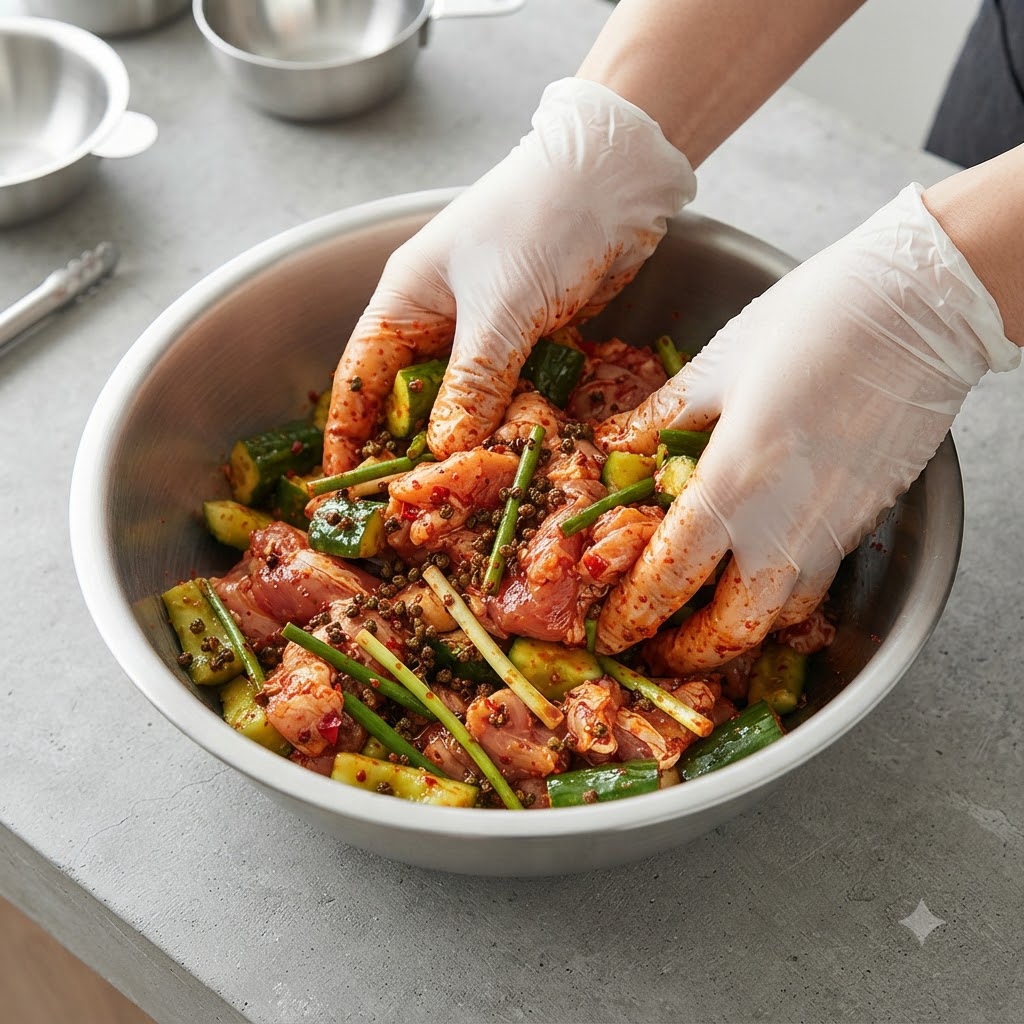 Ein paar handschuhtragende Hände vermischen das gewürzte Fleisch und Gemüse in einer großen Metallschüssel.