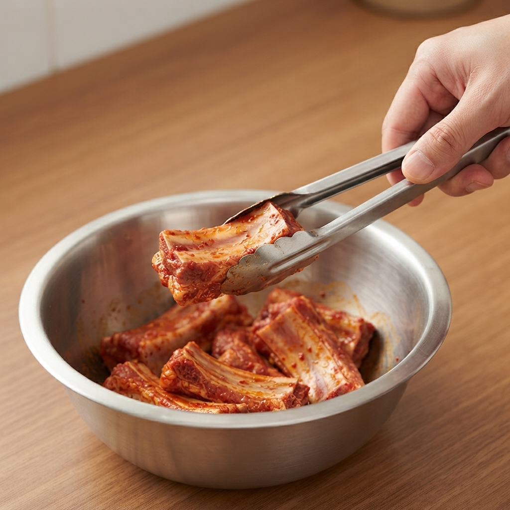 Eine Metallzange nimmt ein mariniertes Schweinerippchenstück in der Nähe einer Schüssel mit Spießzutaten auf.