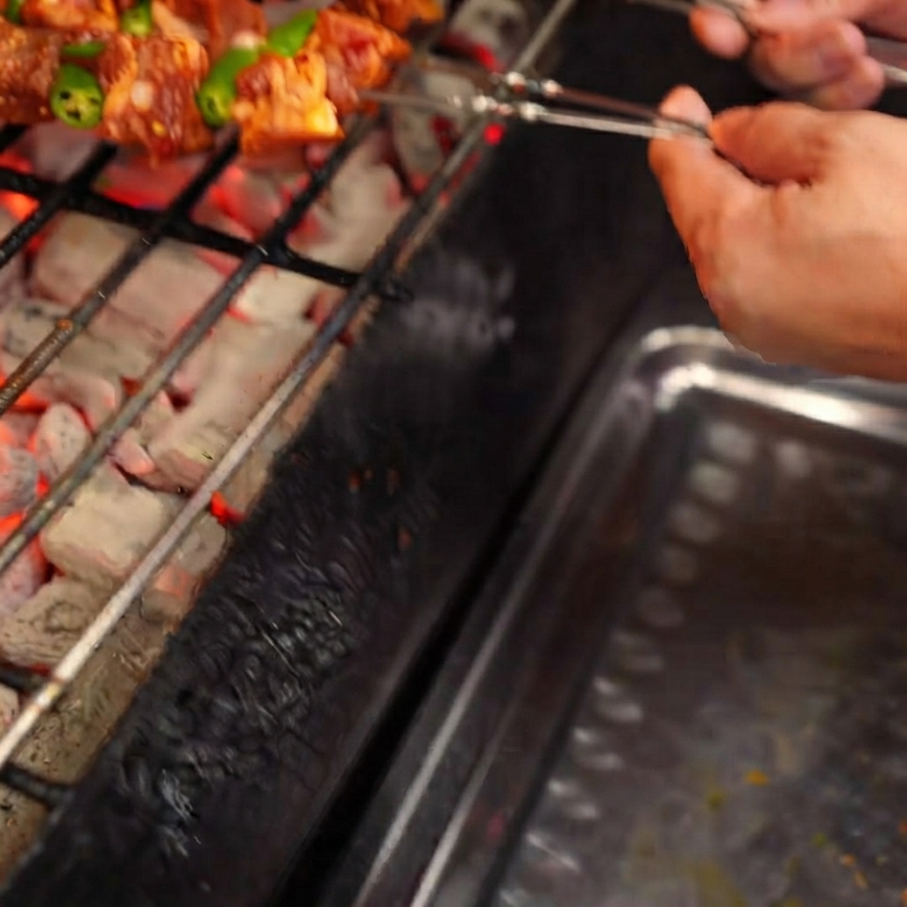 Hände legen Fleisch- und grüne Paprikaspieße auf einen schwarzen Holzkohlegrillrost.