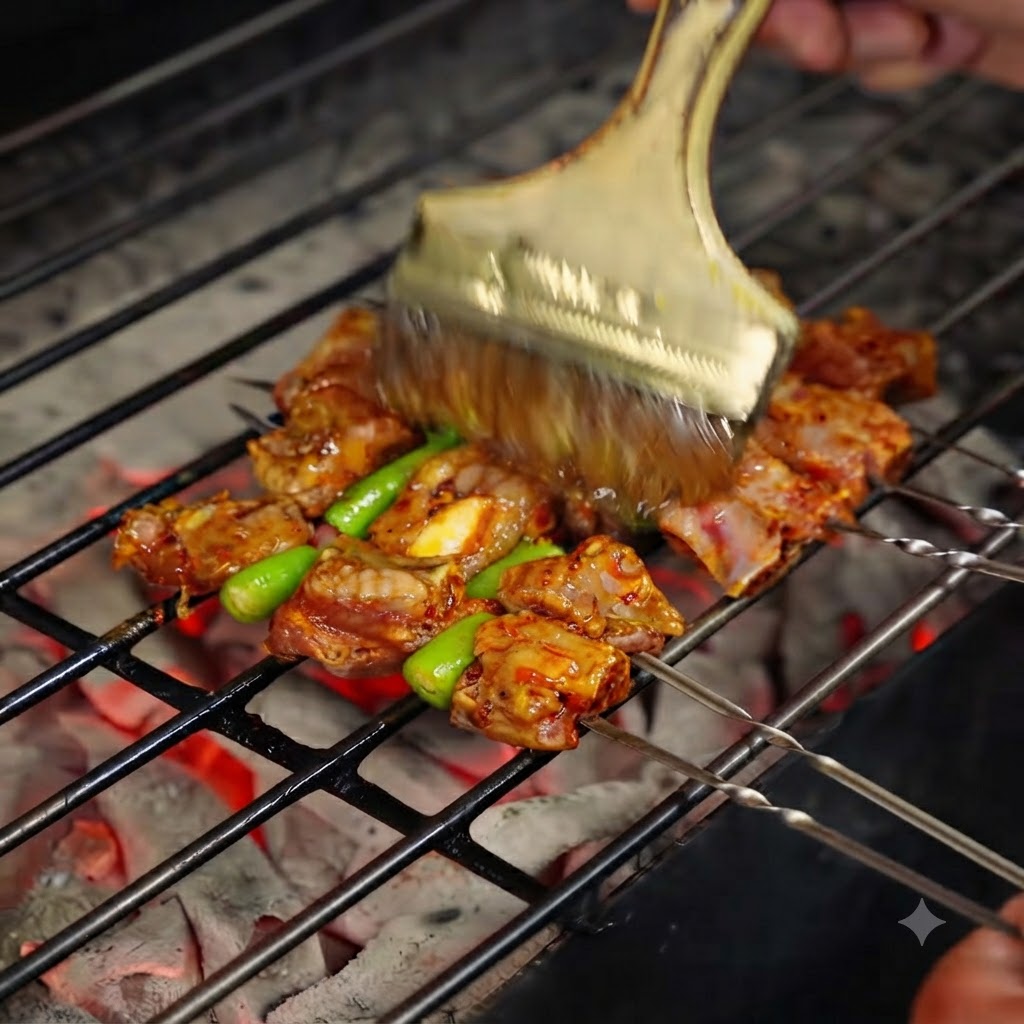 Ein breiter Pinsel trägt Öl auf Spießfleisch und Paprika auf, die über einem Holzkohlegrill garen.