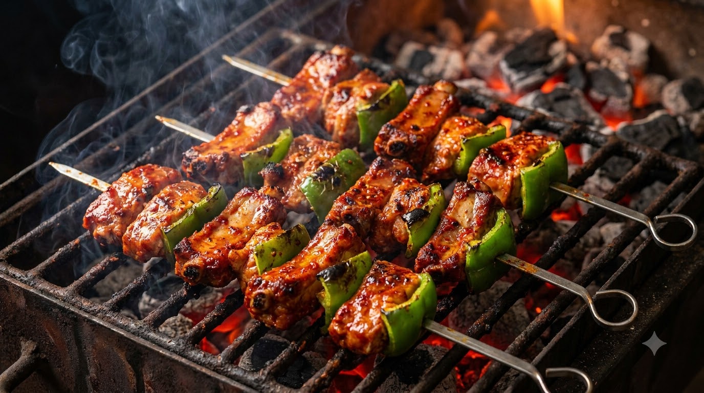 Würzige Grill-Schweinerippchen am Spieß