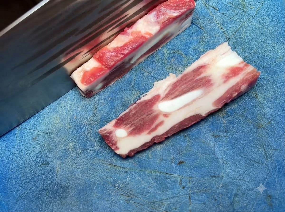 Ein scharfes Messer schneidet rohes Schweinerippenfleisch auf einem blauen Schneidebrett in kleine Stücke.