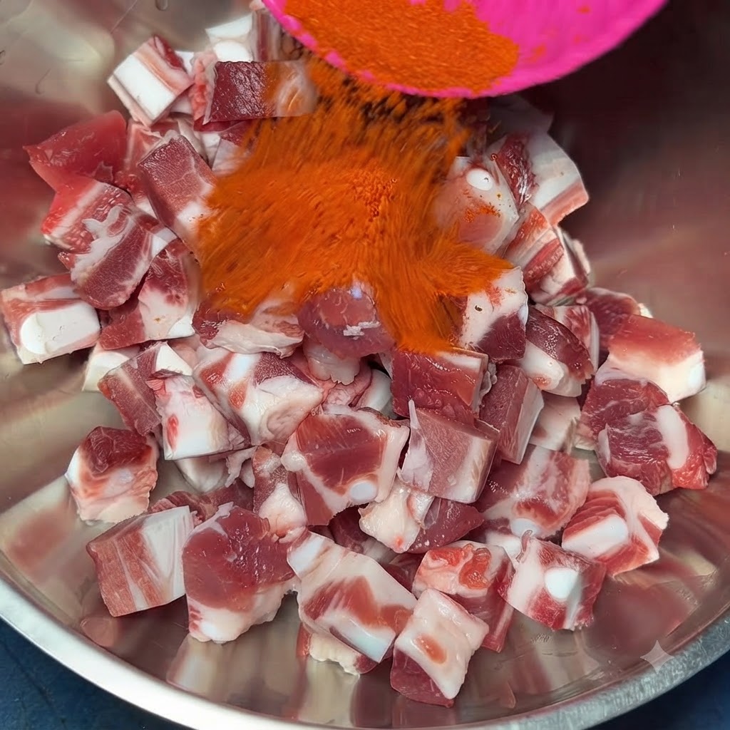 Rotes Chilipulver wird von einem rosafarbenen Löffel in eine Metall-Rührschüssel gefüllt, die mit gewürfeltem Schweinerippenfleisch gefüllt ist.