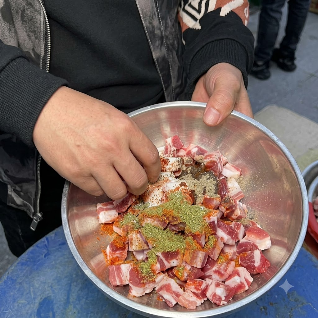 Eine Person mit Jacke und Handschuh mischt gewürzte Schweinefleischwürfel in einer Edelstahlschüssel.