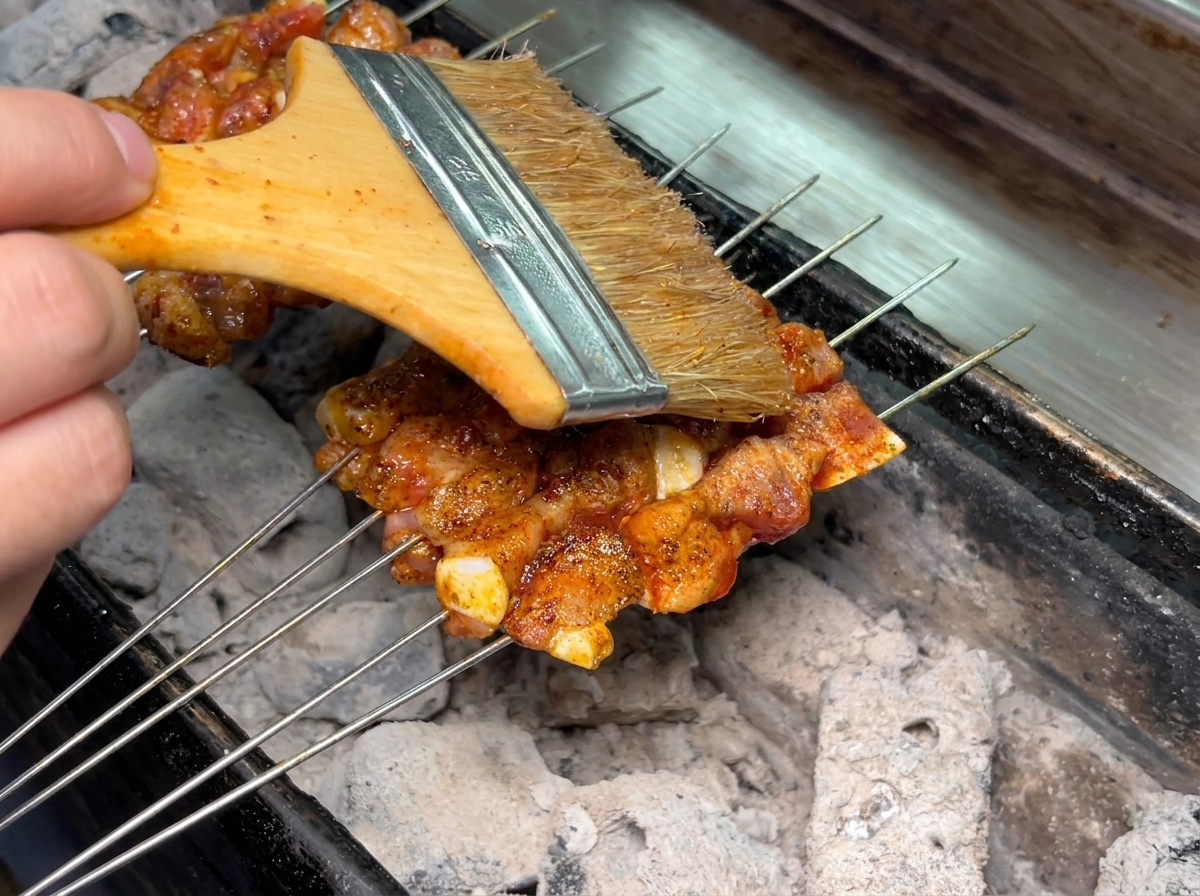 Ein Holzkonservenpinsel trägt Öl auf gewürzte Schweinefleischspieße auf, die über heißer Holzkohle garen.