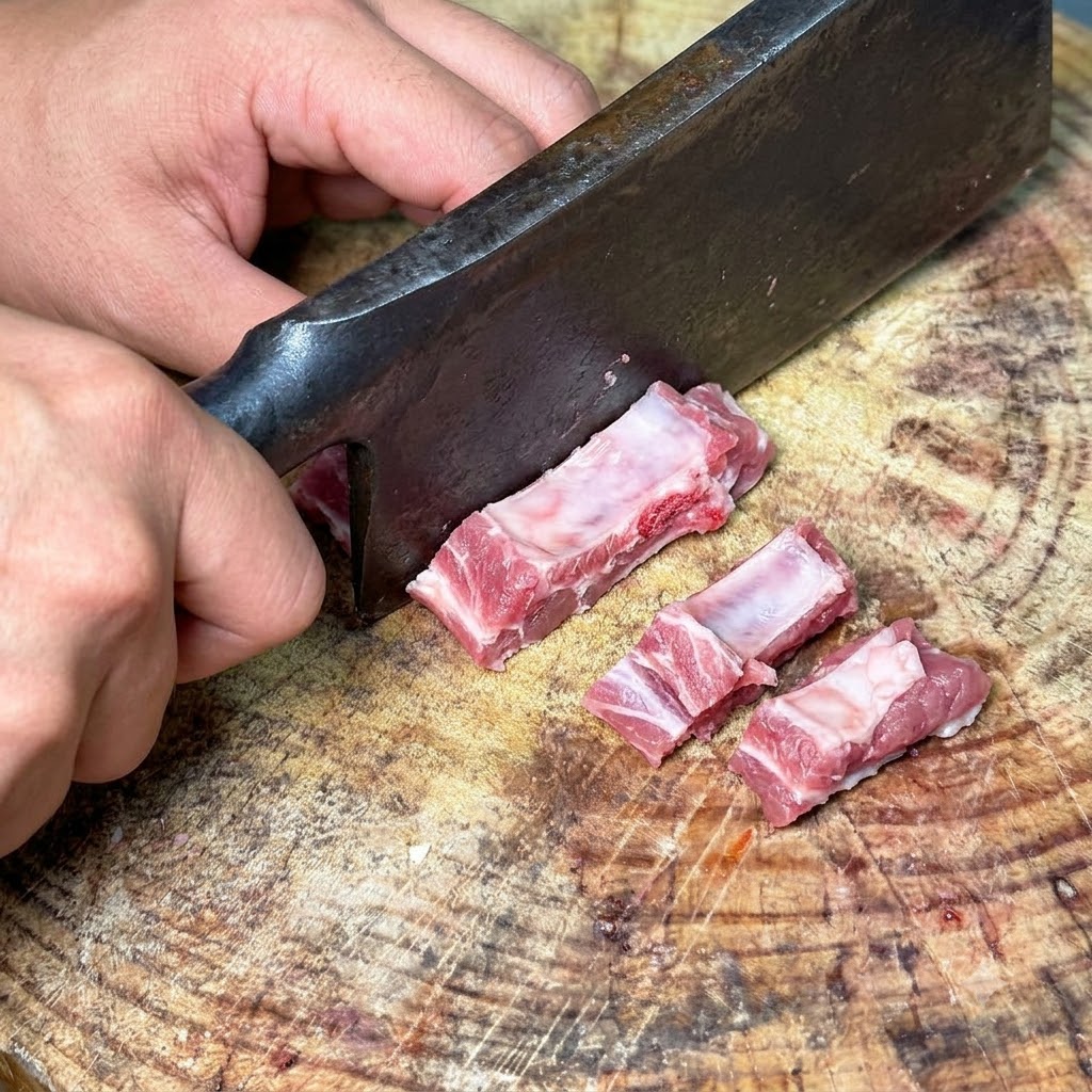 Schweinerippchen werden mit einem schweren Hackbeil auf einem Holzbrett in kleine, mundgerechte Stücke gehackt.