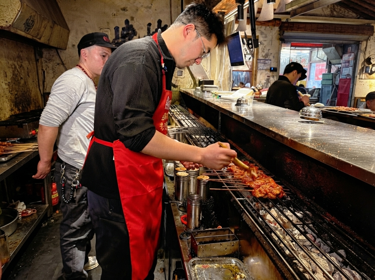 Öl wird auf die über einem heißen Holzkohlegrill grillenden Schweinerippchenspieße gepinselt.