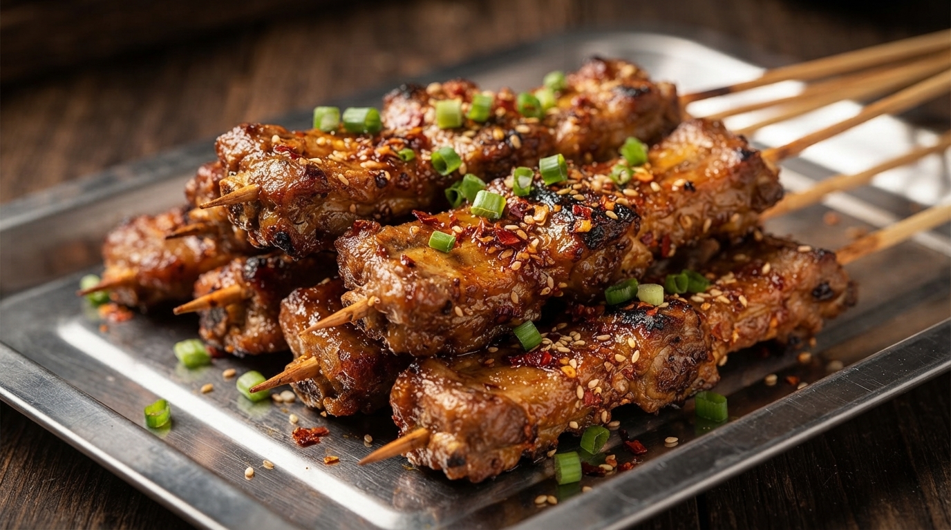 Nahaufnahme frisch gegrillter Schweinerippchen auf Holzspießen, garniert mit frischen Frühlingszwiebeln, Sesamsamen und Chili-Flakes.