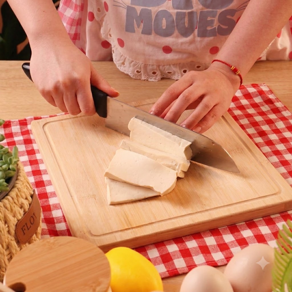 Ein Block Tofu wird auf einem Holzschneidebrett mit einem Kochmesser in dicke Scheiben geschnitten.