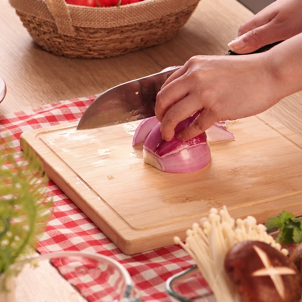 Eine rote Zwiebel wird auf einem Holzschneidebrett mit einem Messer halbiert.