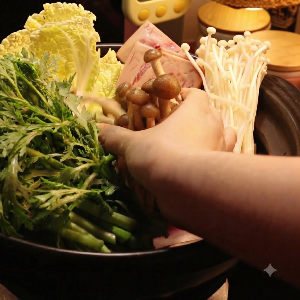 Enoki- und Shiitake-Pilze werden zusammen mit den anderen Zutaten in den Topf gegeben.