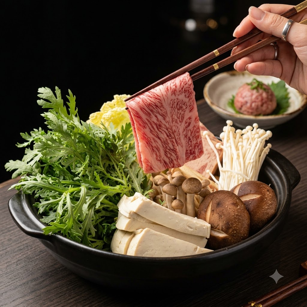 Ein Paar Essstäbchen hält eine Scheibe marmoriertes Rindfleisch über die Zutaten des Hot Pots.