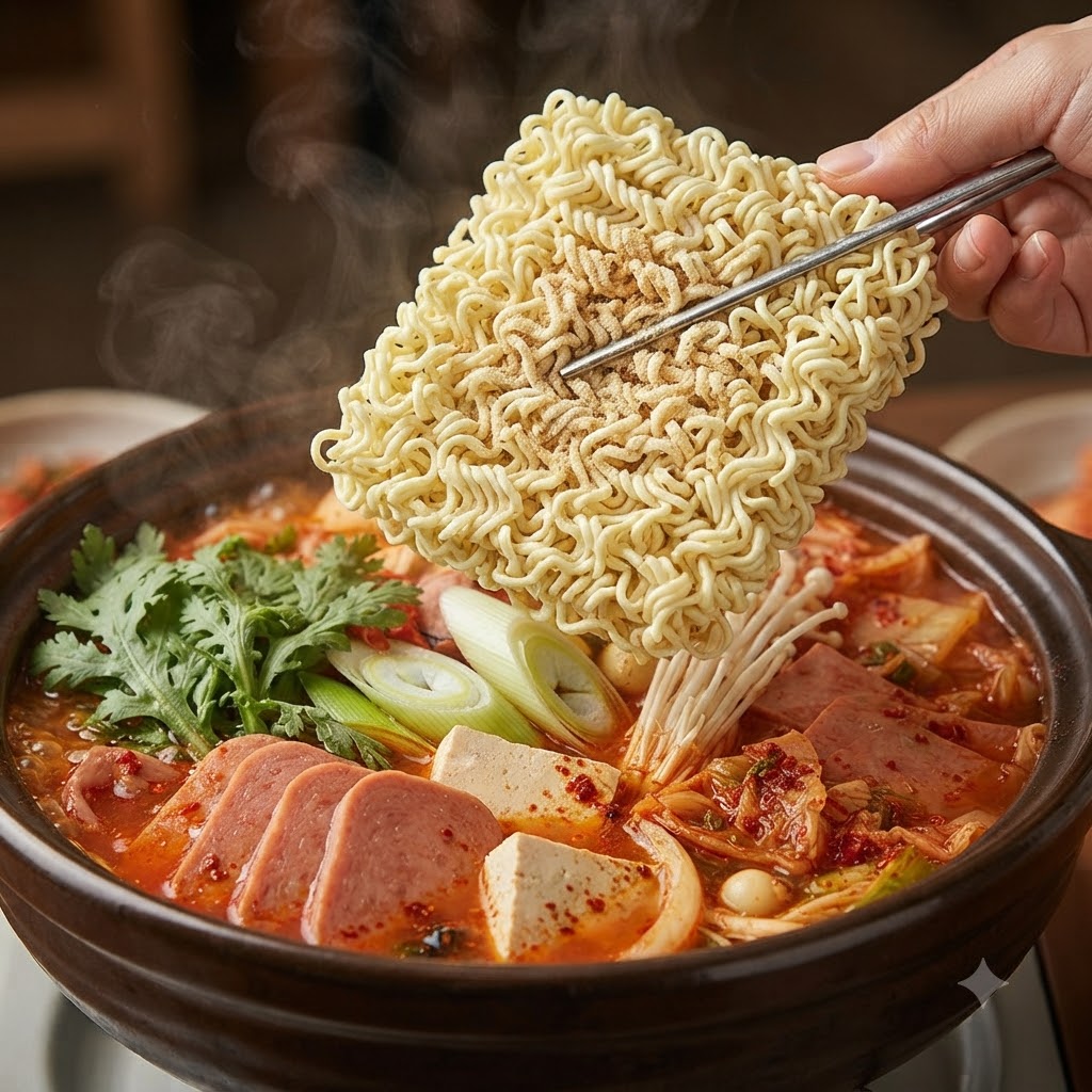 Ein Block Instant-Ramen-Nudeln wird auf einen blubbernden Topf mit Army Stew Zutaten gelegt.
