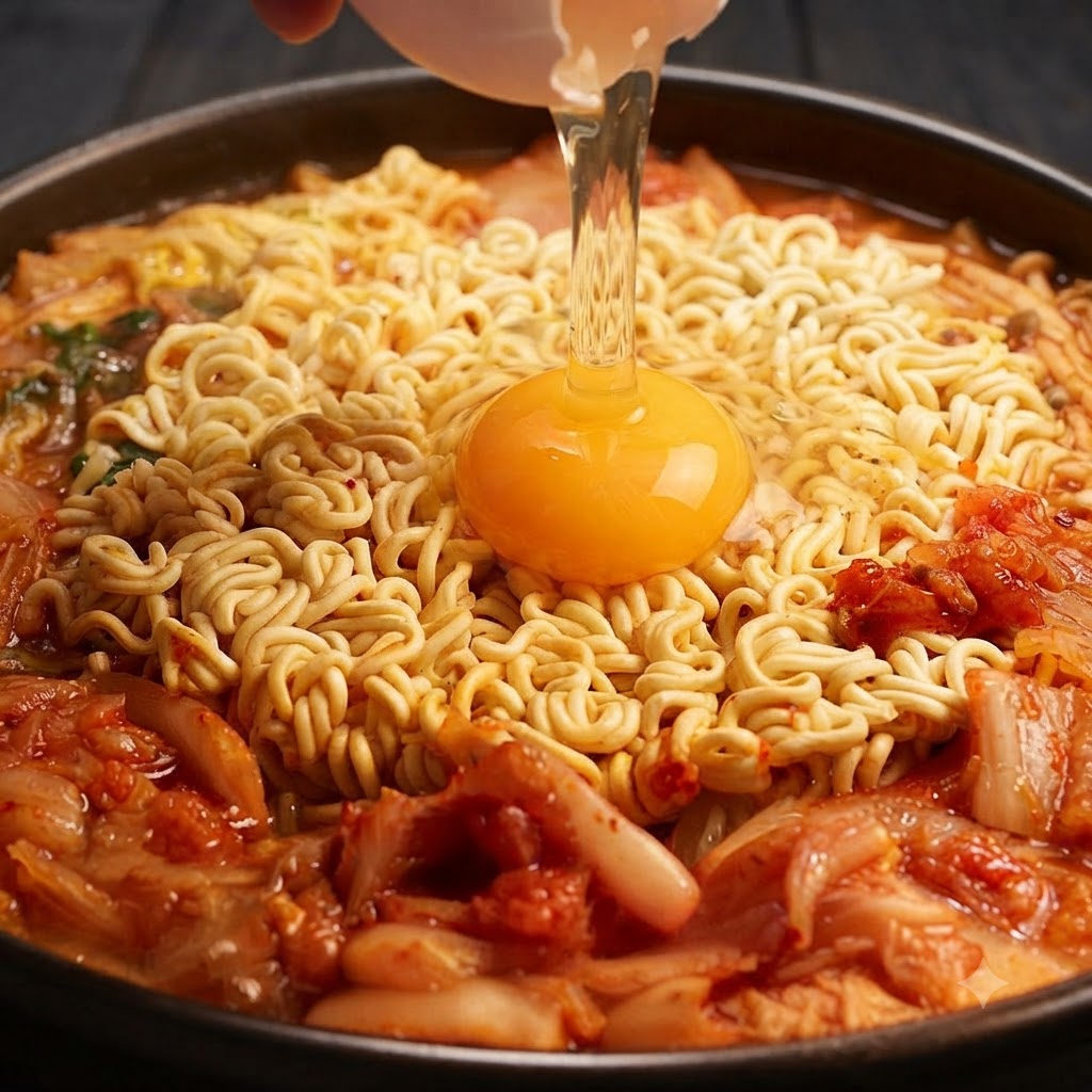 Ein rohes Ei wird aufgeschlagen, wobei Eigelb und Eiweiß direkt in die Mitte der Ramen-Nudeln in einem Topf fließen.