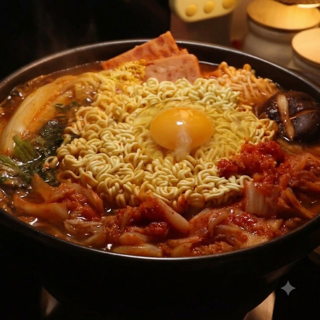 Ein Topf mit Army Stew, Ramen und einem Ei wird während des Köchelns mit einem Deckel abgedeckt.