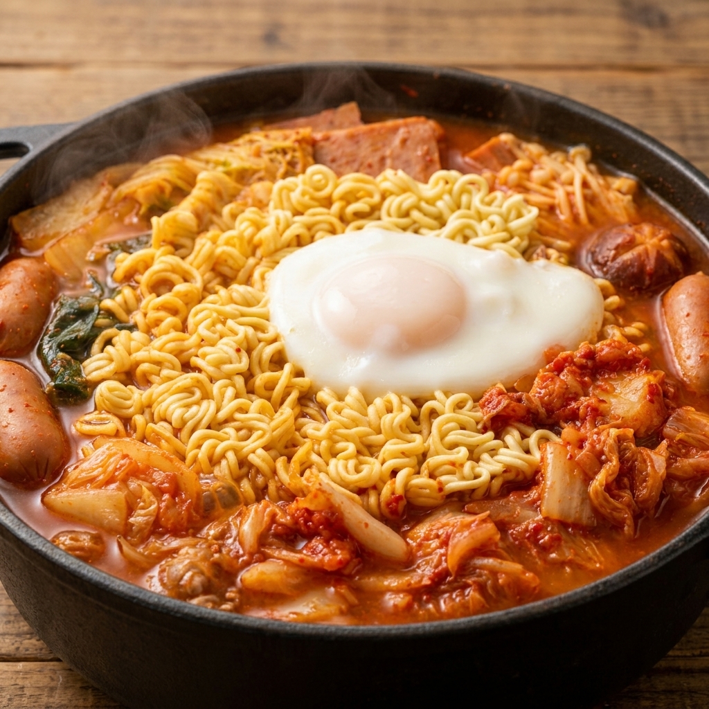 Schwarzer Sesam wird über ein gekochtes Ei gestreut, das auf Ramen-Nudeln in einem Eintopf ruht.
