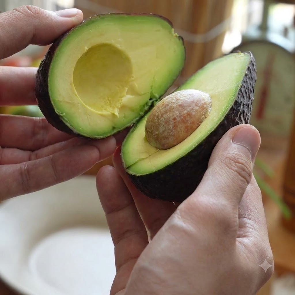 Eine halbierte Avocado mit sichtbarem Kern auf einem Keramikteller.