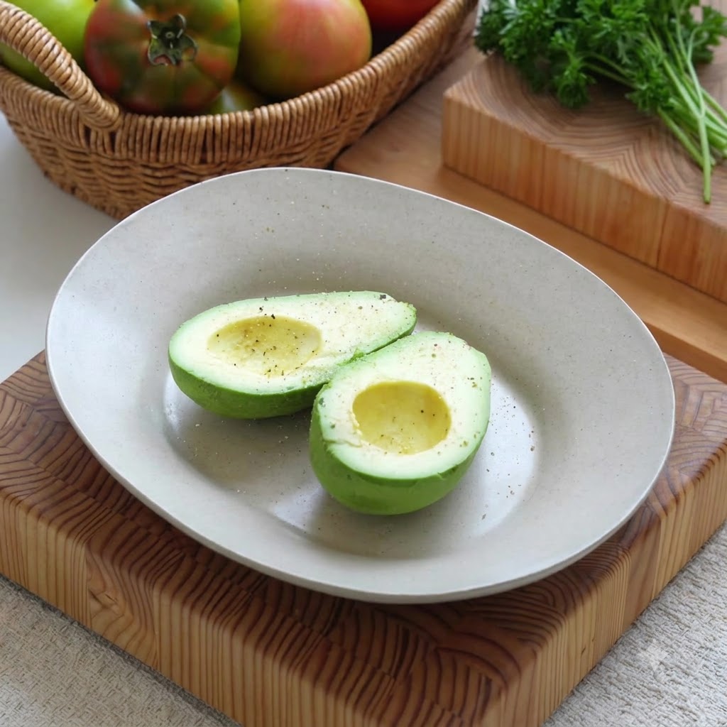 Avocadohälften gewürzt mit Salz, Pfeffer und Zitronensaft auf einem Teller.
