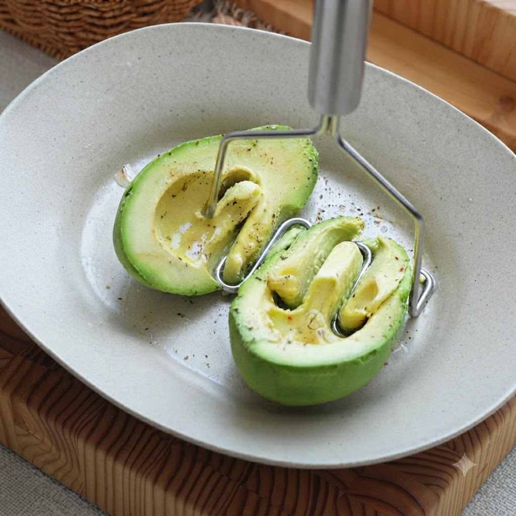 Avocado wird mit einem Kartoffelstampfer in einer Schüssel zu einem glatten grünen Püree verarbeitet.